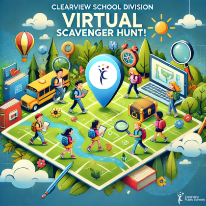 A colorful poster promoting Clearview School Division's Virtual Scavenger Hunt. It features a digital map with icons like books, magnifying glasses, and treasure chests scattered across. A group of cartoon-style students with backpacks excitedly interact 